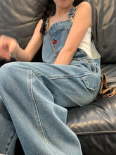 Lunivop Cherry Embroidered Jean Jumpsuits Women New Vintage Baggy Denim Overalls High Street Straight Loose Wide-leg Pants Female